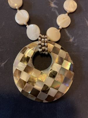 Vintage White Mother of Pearl Checkerboard Pendant & Bead Chain Necklace 20” - Thumbnail 2
