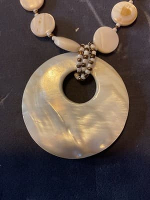 Vintage White Mother of Pearl Checkerboard Pendant & Bead Chain Necklace 20” - Thumbnail 3