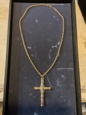 Vintage Silver And Gold Like Large Cross And 22” Chain Necklace - Thumbnail 2