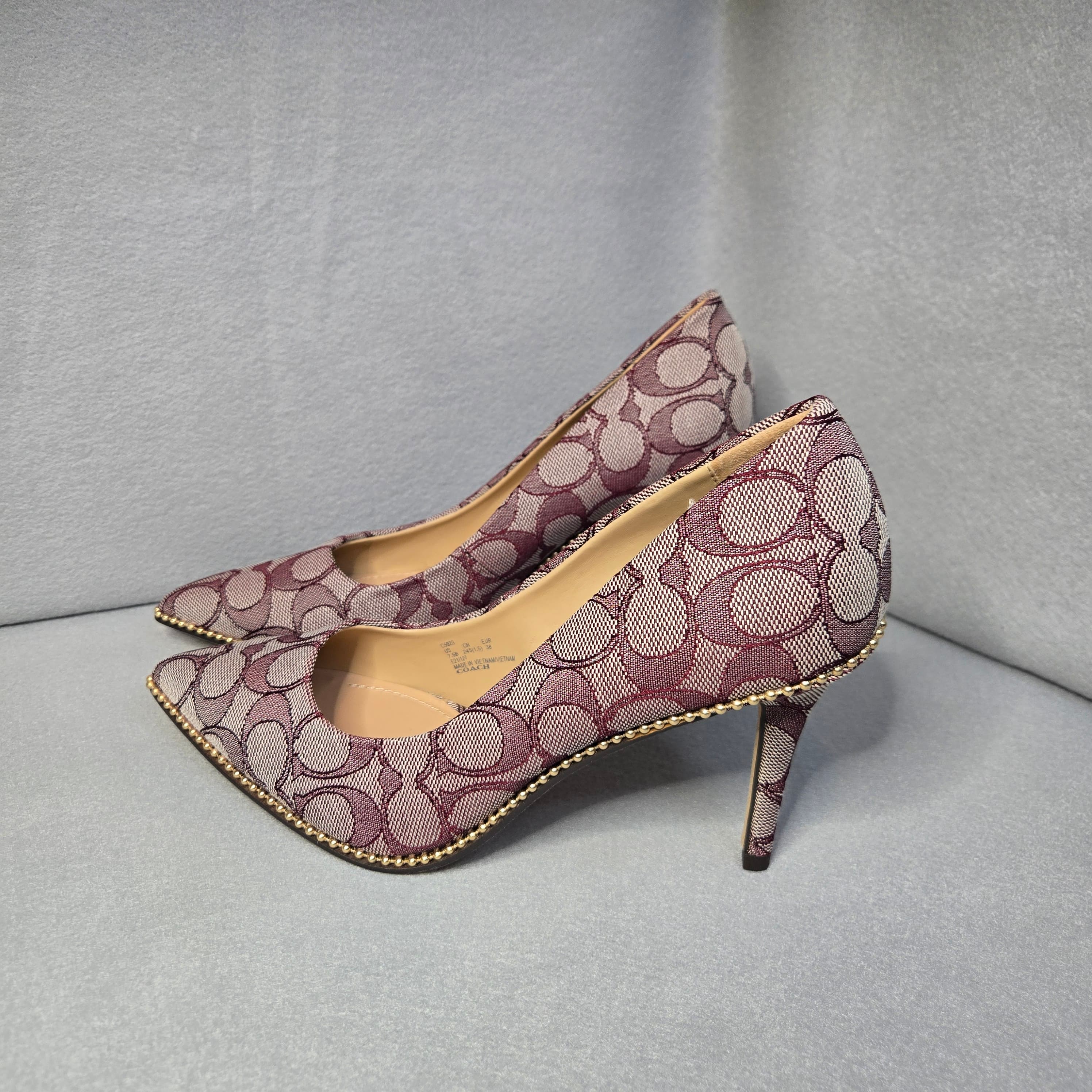 Coach Signature Print Heels with Gold Trim