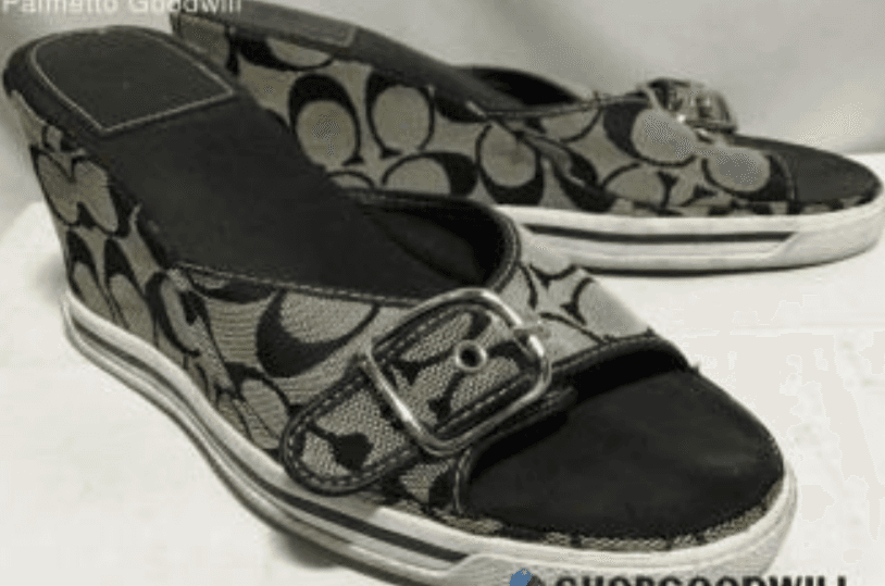 COACH Black Monogram Wedge Sandals with Buckle Detail, Size 8.5