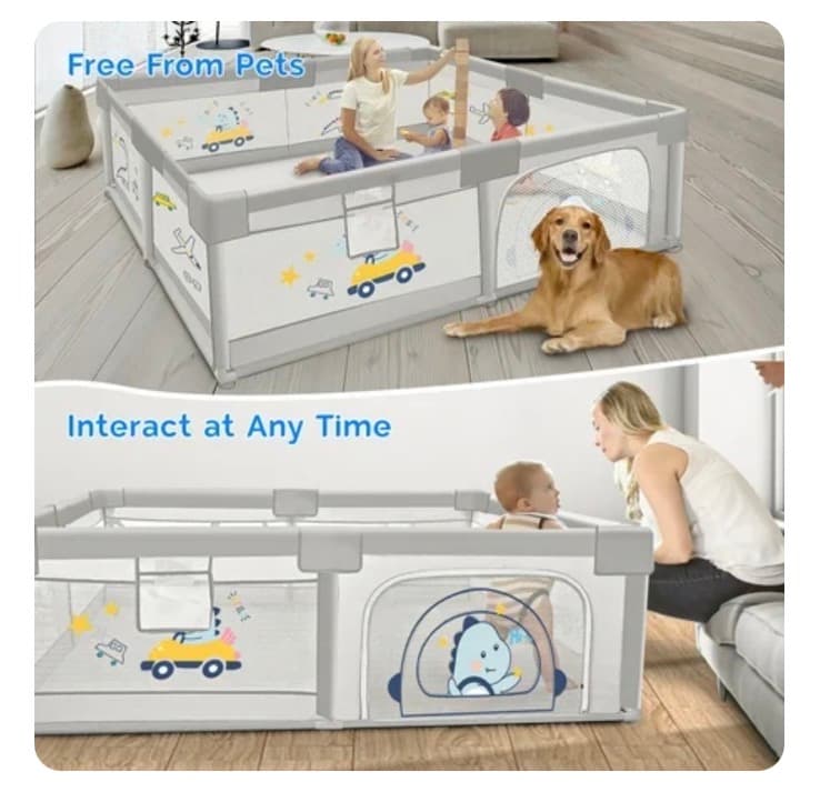 TEAYINGDE Baby Playpen Large Play Yard Fence for Toddlers,47"x47" Gray Dinosaur - Thumbnail 3