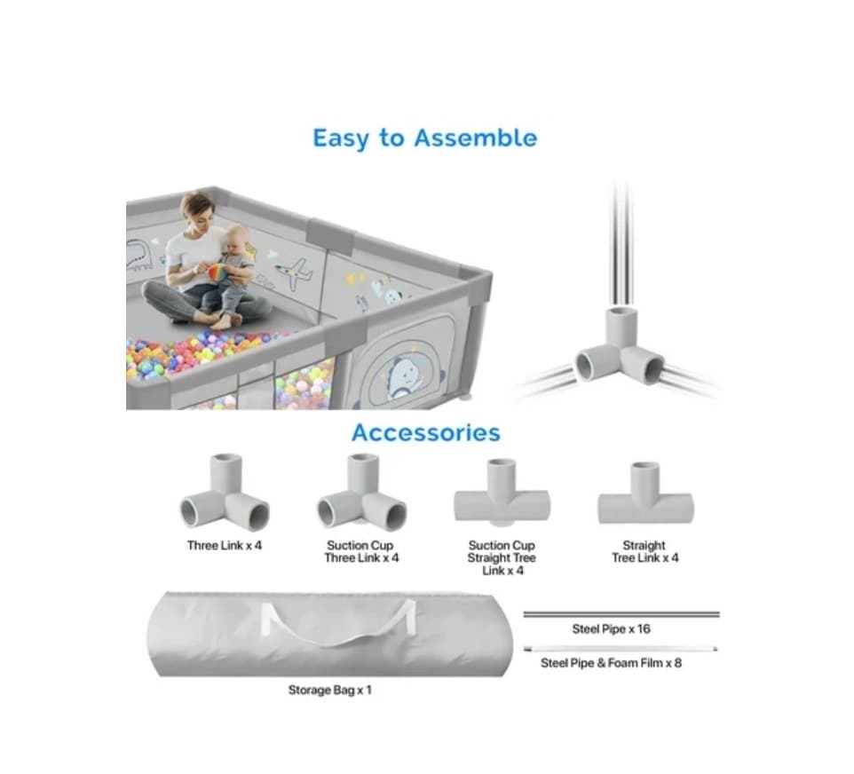 TEAYINGDE Baby Playpen Large Play Yard Fence for Toddlers,47"x47" Gray Dinosaur - Thumbnail 2