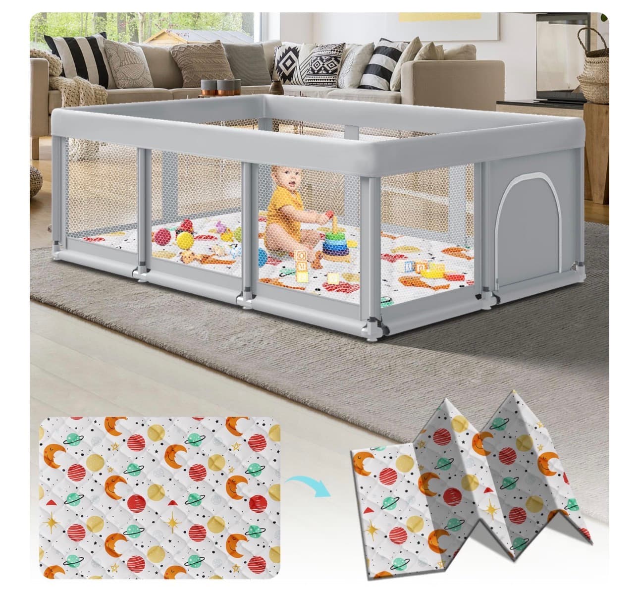 Fshibila 74" ×50" Baby Playpen with Mat, Baby Playard for Babies and Toddlers, Play Pens for Indoor & Outdoor, Sturdy Safety Play Yard with Soft Breathable Mesh, Anti-Fall, Grey