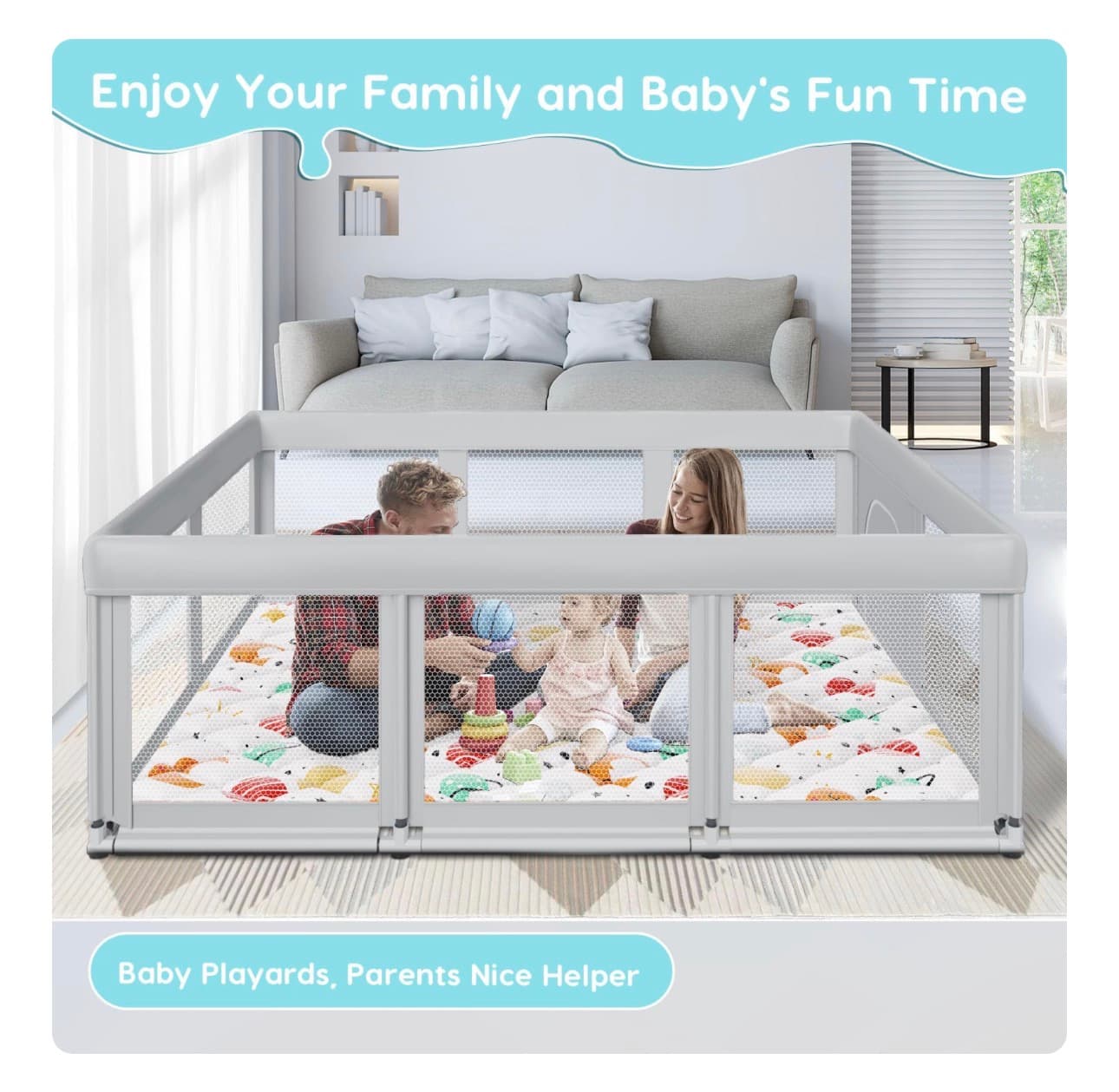 Fshibila 74" ×50" Baby Playpen with Mat, Baby Playard for Babies and Toddlers, Play Pens for Indoor & Outdoor, Sturdy Safety Play Yard with Soft Breathable Mesh, Anti-Fall, Grey - Thumbnail 2