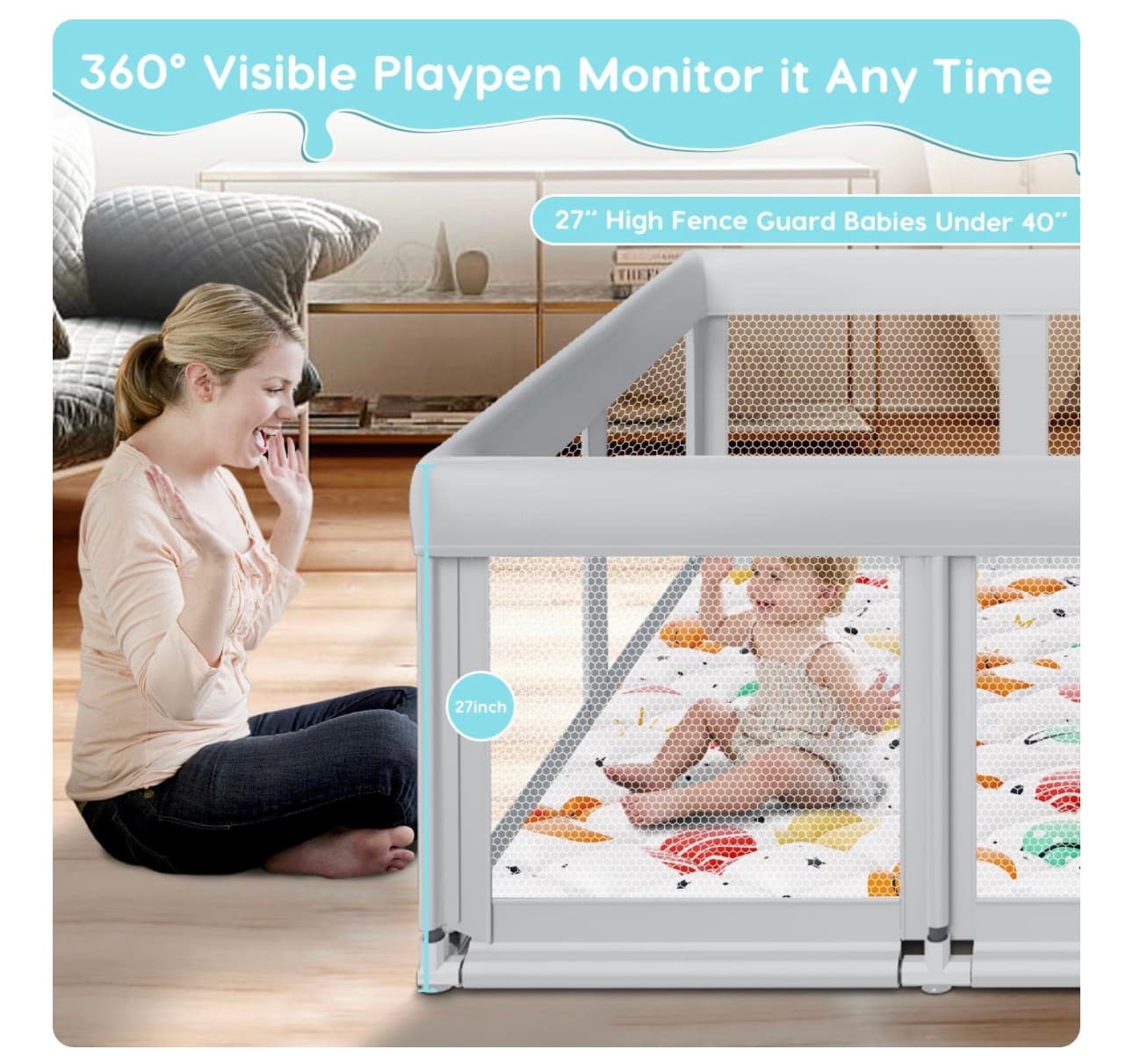 Fshibila 74" ×50" Baby Playpen with Mat, Baby Playard for Babies and Toddlers, Play Pens for Indoor & Outdoor, Sturdy Safety Play Yard with Soft Breathable Mesh, Anti-Fall, Grey - Thumbnail 3
