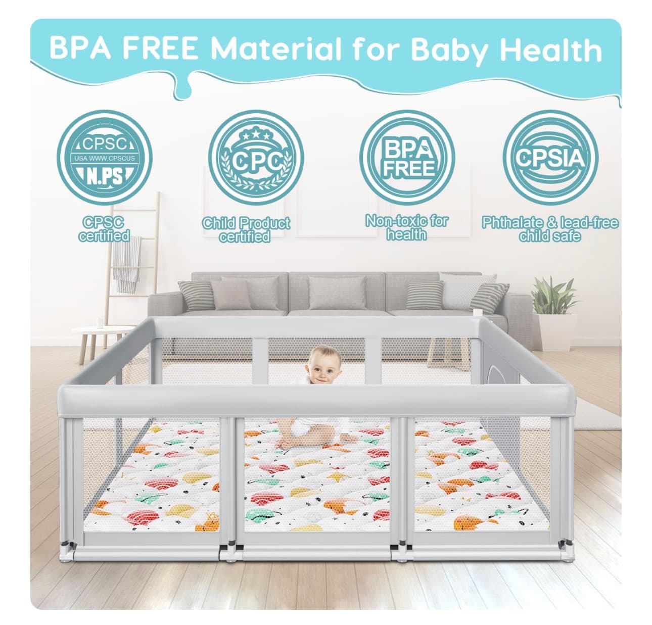 Fshibila 74" ×50" Baby Playpen with Mat, Baby Playard for Babies and Toddlers, Play Pens for Indoor & Outdoor, Sturdy Safety Play Yard with Soft Breathable Mesh, Anti-Fall, Grey - Thumbnail 6