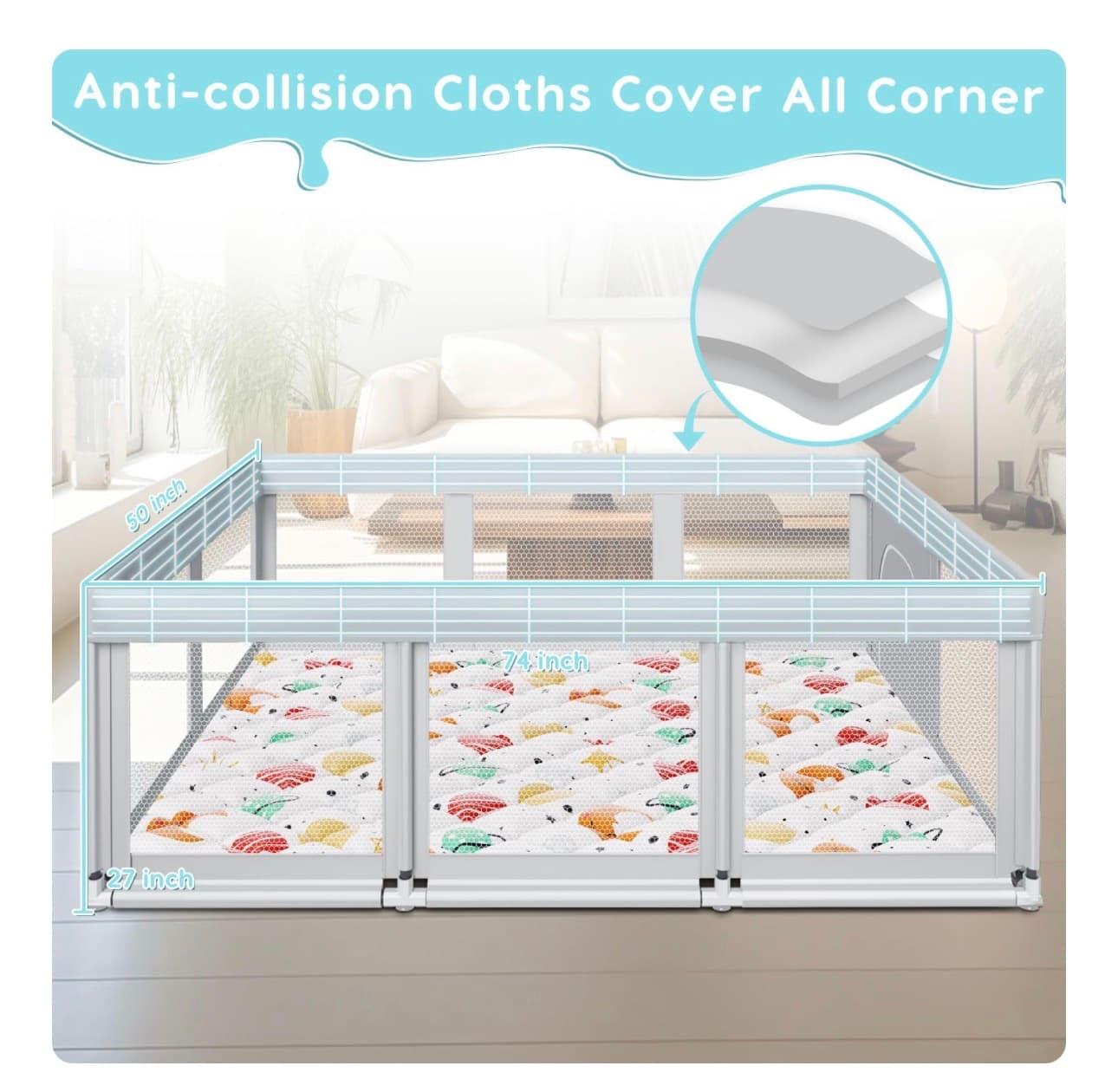 Fshibila 74" ×50" Baby Playpen with Mat, Baby Playard for Babies and Toddlers, Play Pens for Indoor & Outdoor, Sturdy Safety Play Yard with Soft Breathable Mesh, Anti-Fall, Grey - Thumbnail 4