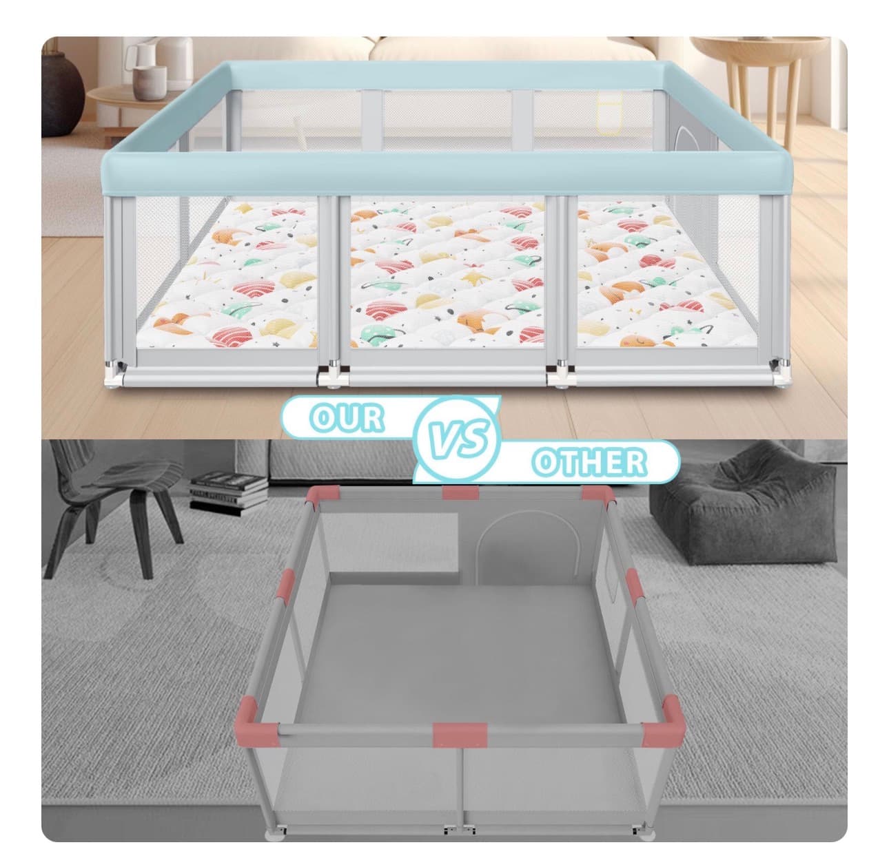 Fshibila 74" ×50" Baby Playpen with Mat, Baby Playard for Babies and Toddlers, Play Pens for Indoor & Outdoor, Sturdy Safety Play Yard with Soft Breathable Mesh, Anti-Fall, Grey - Thumbnail 5