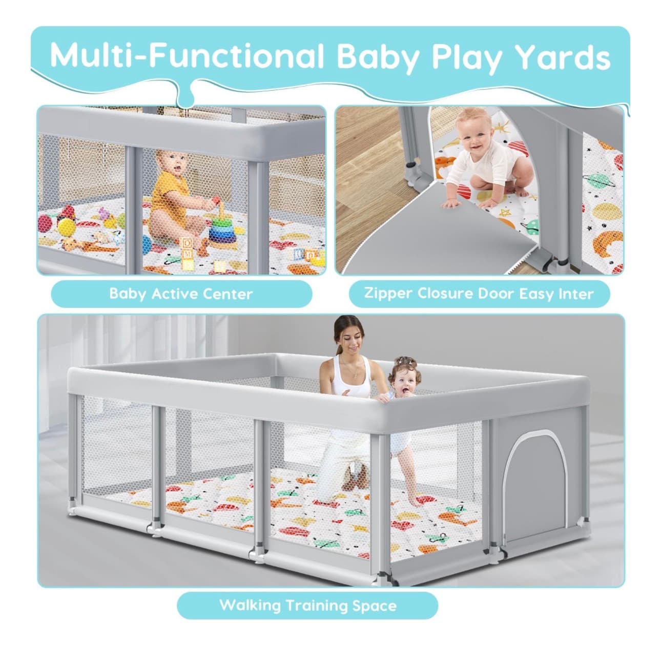 Fshibila 74" ×50" Baby Playpen with Mat, Baby Playard for Babies and Toddlers, Play Pens for Indoor & Outdoor, Sturdy Safety Play Yard with Soft Breathable Mesh, Anti-Fall, Grey - Thumbnail 7
