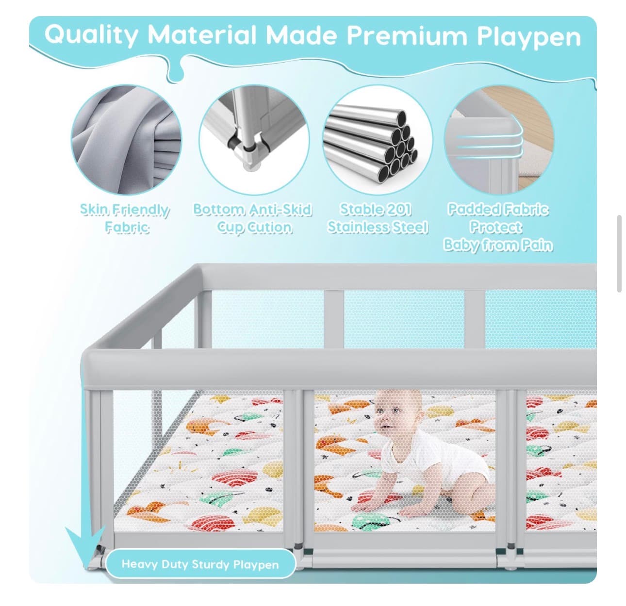 Fshibila 74" ×50" Baby Playpen with Mat, Baby Playard for Babies and Toddlers, Play Pens for Indoor & Outdoor, Sturdy Safety Play Yard with Soft Breathable Mesh, Anti-Fall, Grey - Thumbnail 8