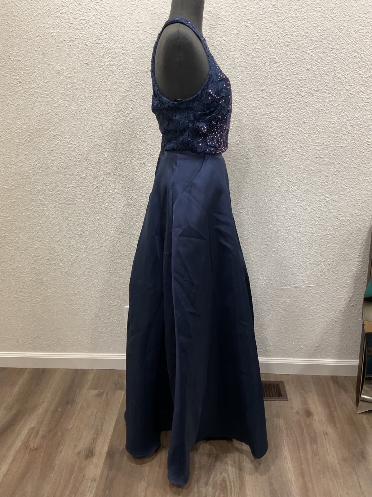 NEW Navy Blue Size 11 Satin & Crocheted 2 Piece Prom Dress - Thumbnail 2