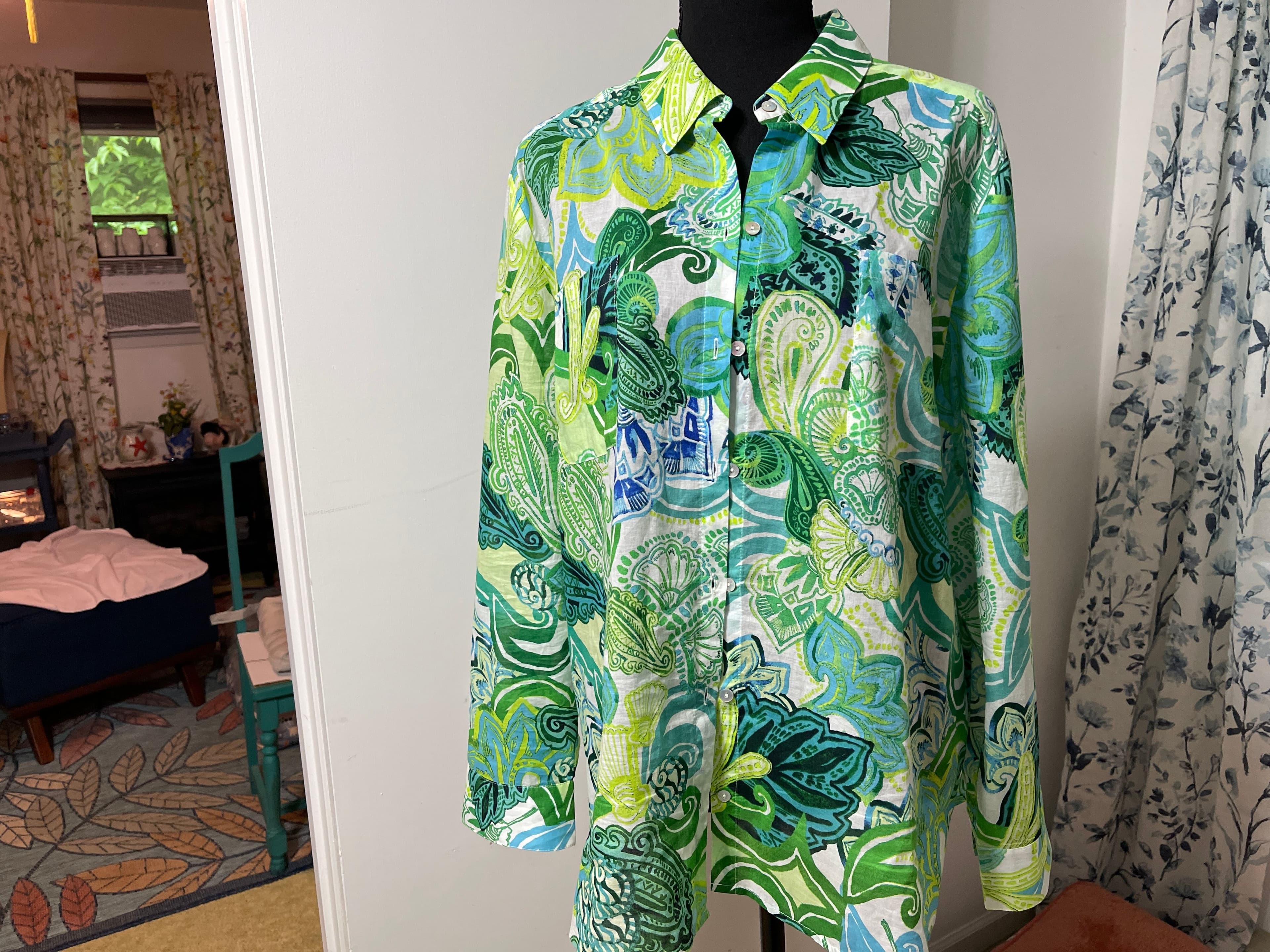 Chico's Women's Blouse Size 3x Green Blue Print - Thumbnail 2