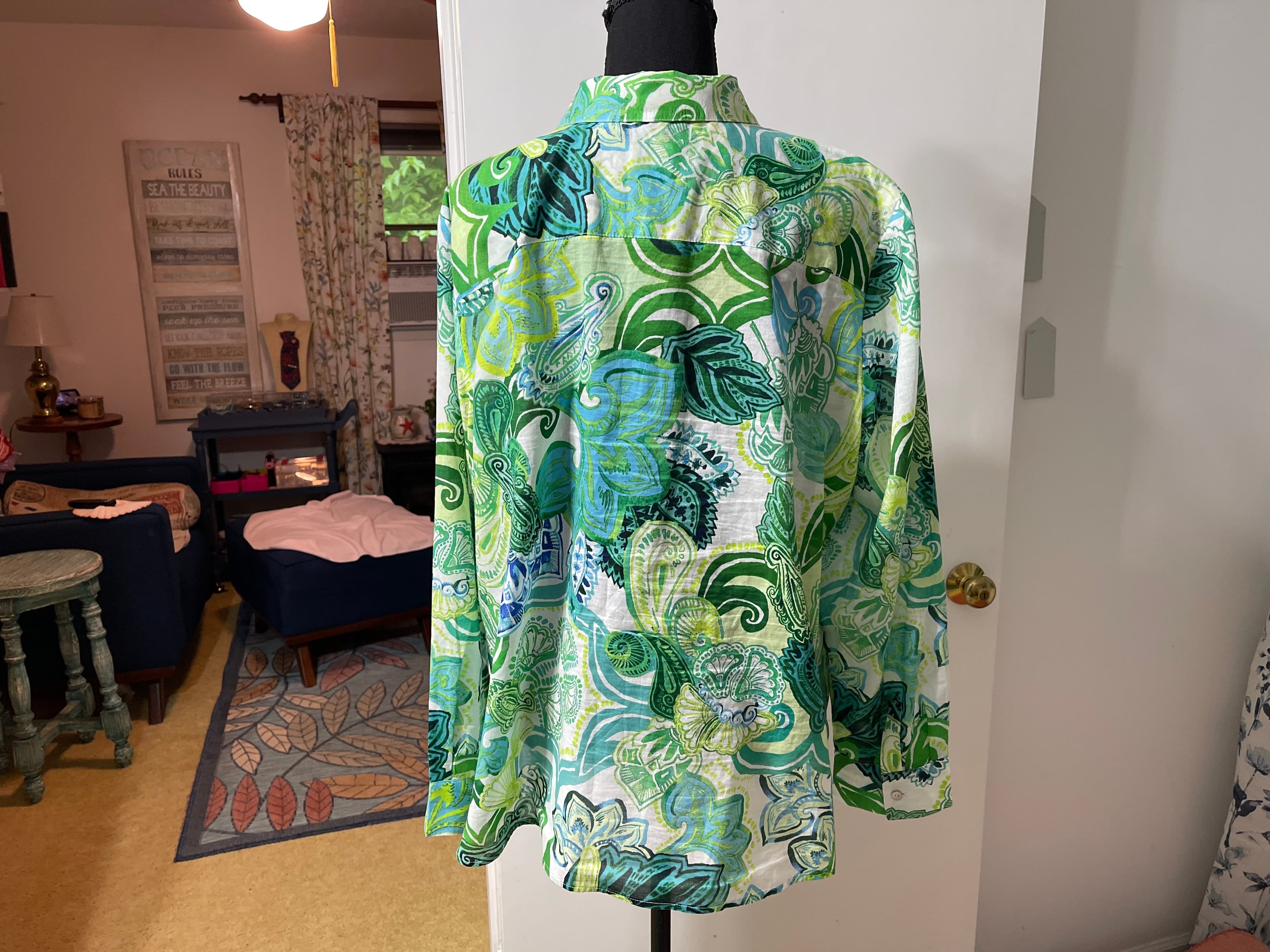 Chico's Women's Blouse Size 3x Green Blue Print - Thumbnail 4