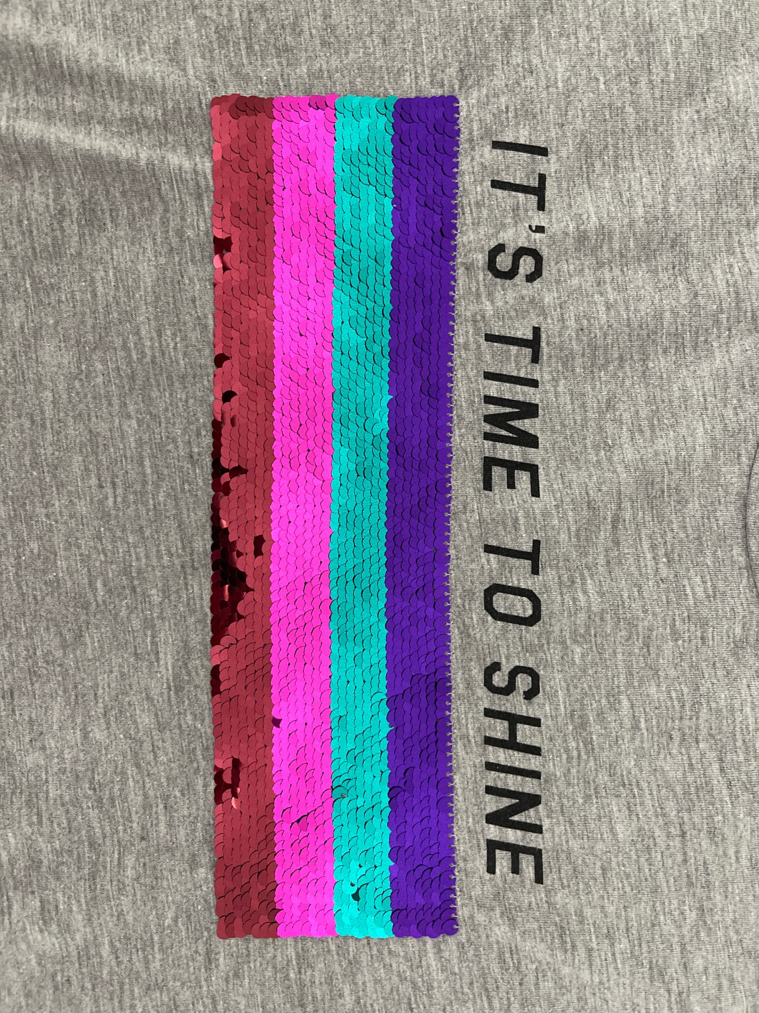 Sequin Embellished Grey T-Shirt with 'It's Time to Shine' Text - Thumbnail 4