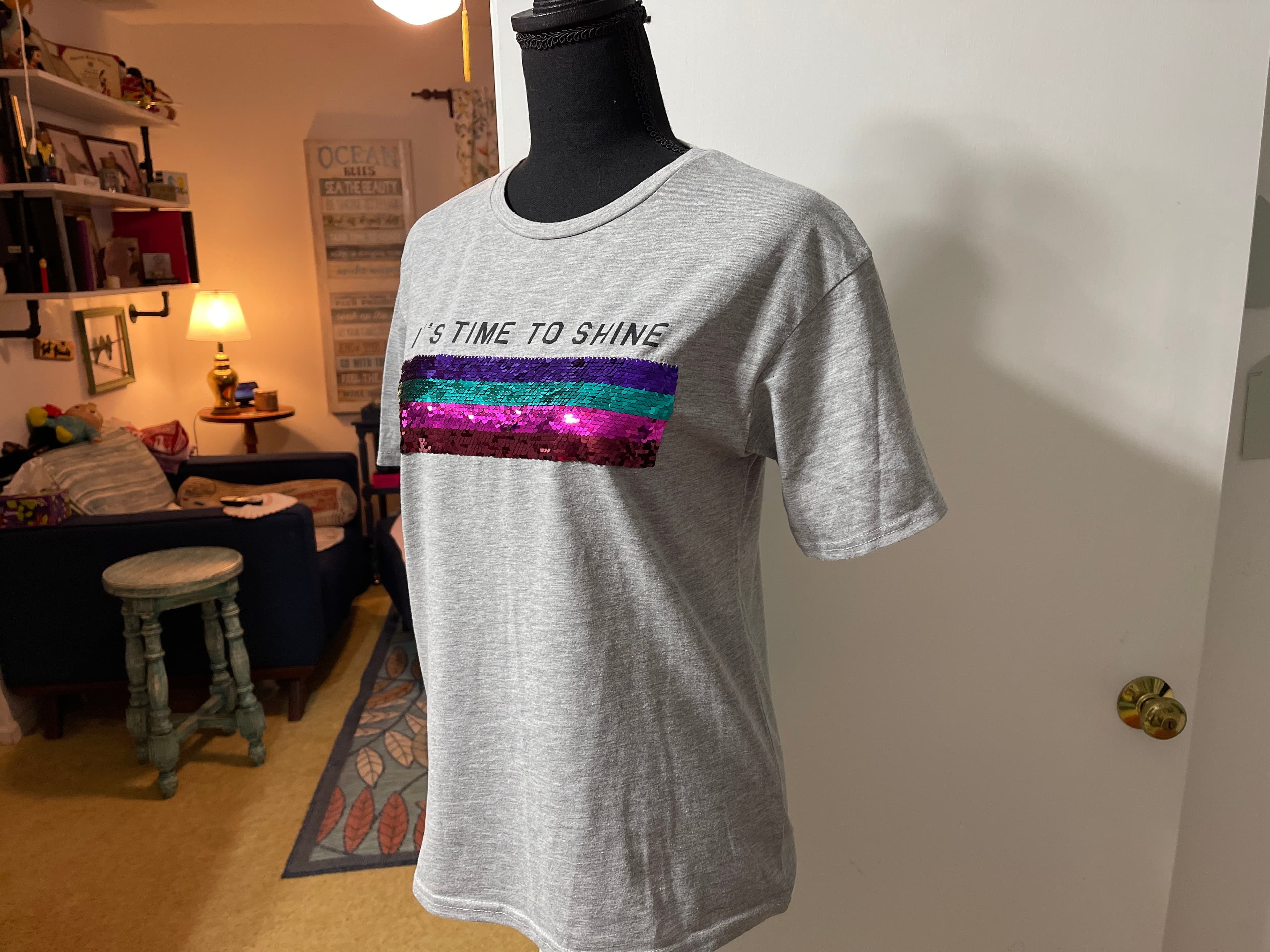 Sequin Embellished Grey T-Shirt with 'It's Time to Shine' Text - Thumbnail 2