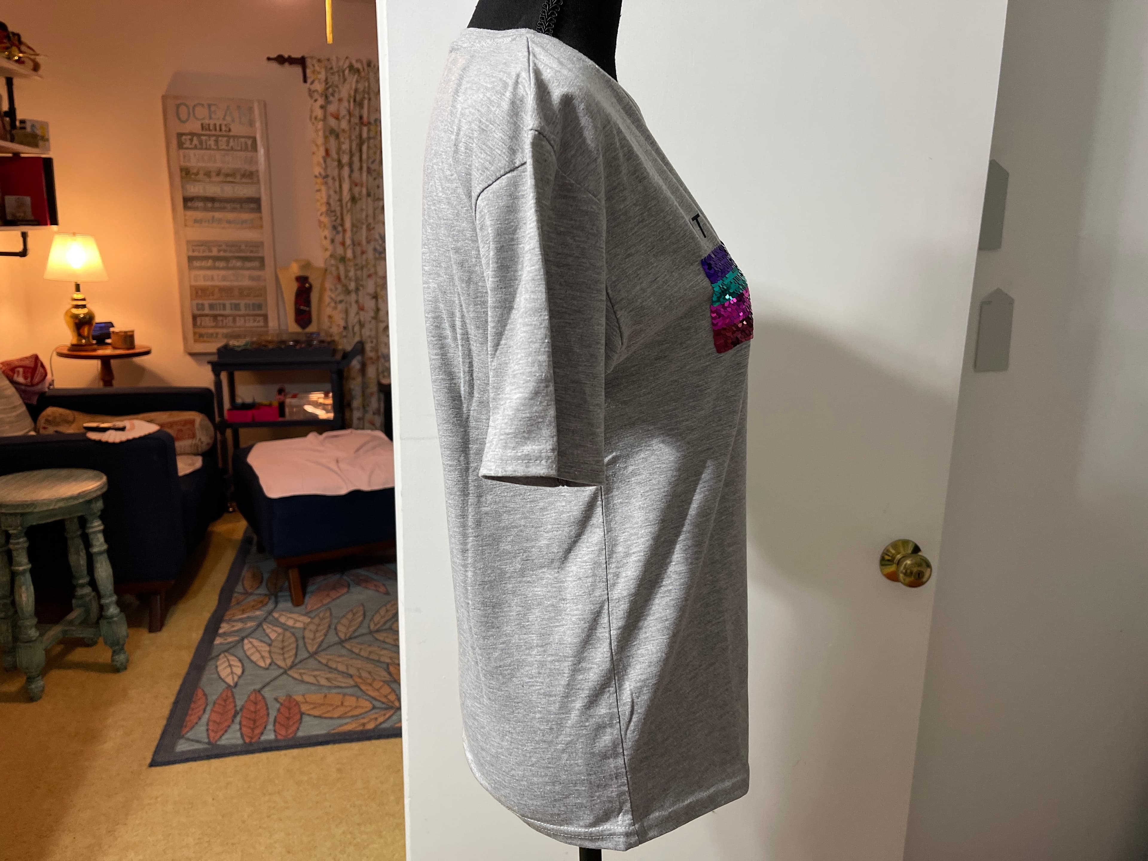 Sequin Embellished Grey T-Shirt with 'It's Time to Shine' Text - Thumbnail 10