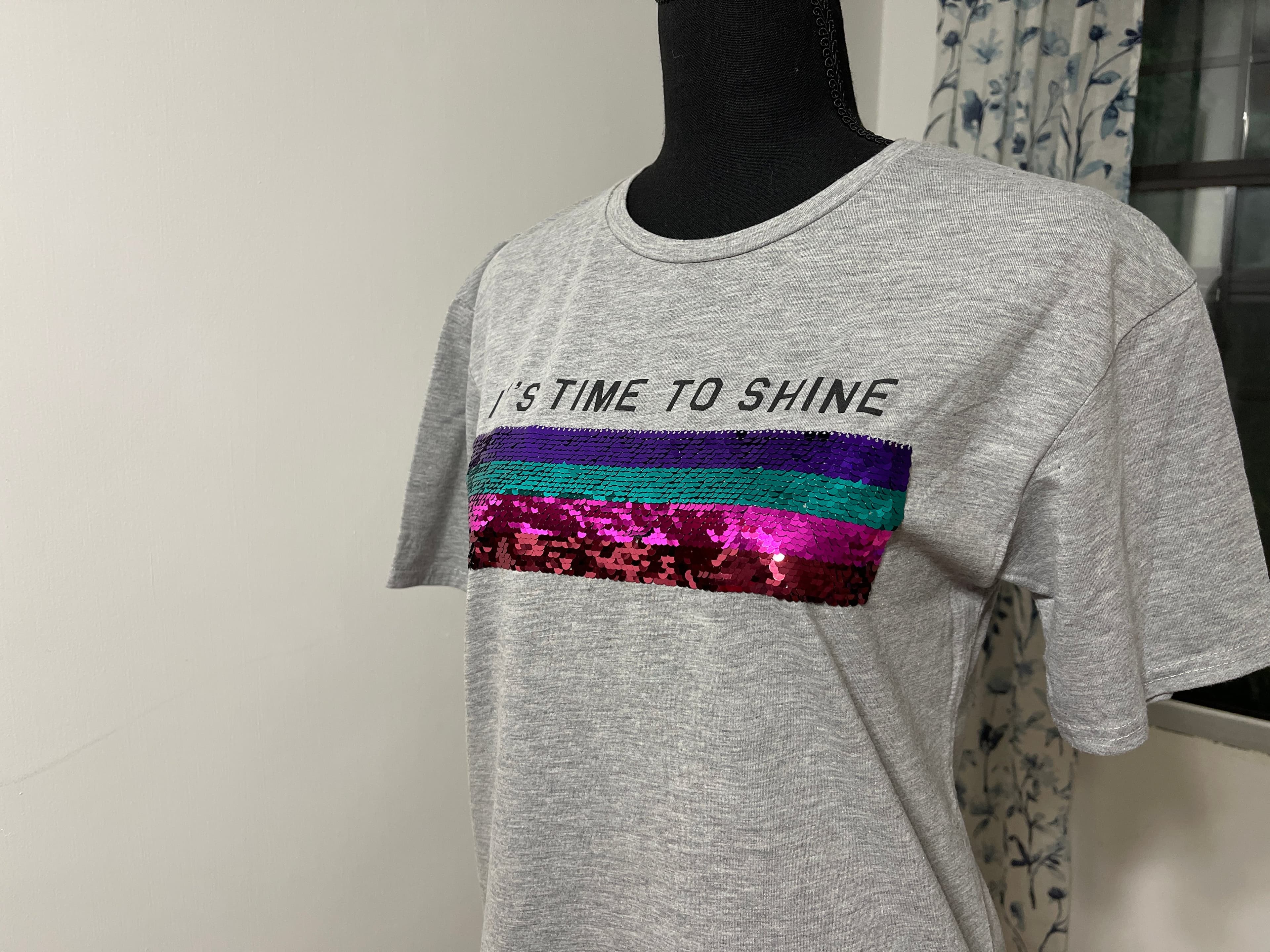 Sequin Embellished Grey T-Shirt with 'It's Time to Shine' Text - Thumbnail 11