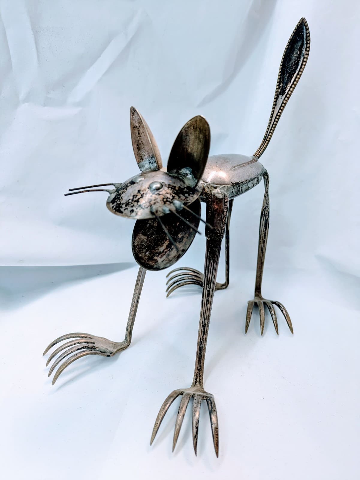 Folk Art Metal Cat Figurine Made with Silverware