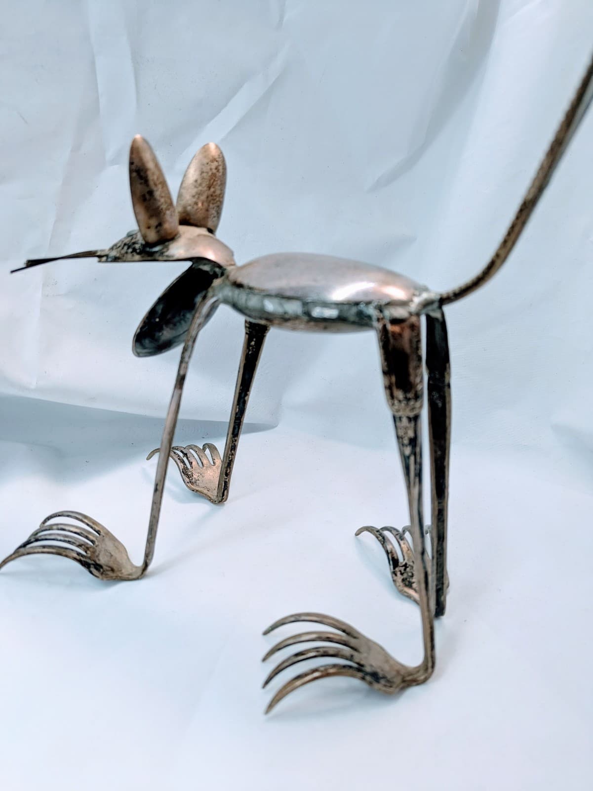 Folk Art Metal Cat Figurine Made with Silverware - Thumbnail 4
