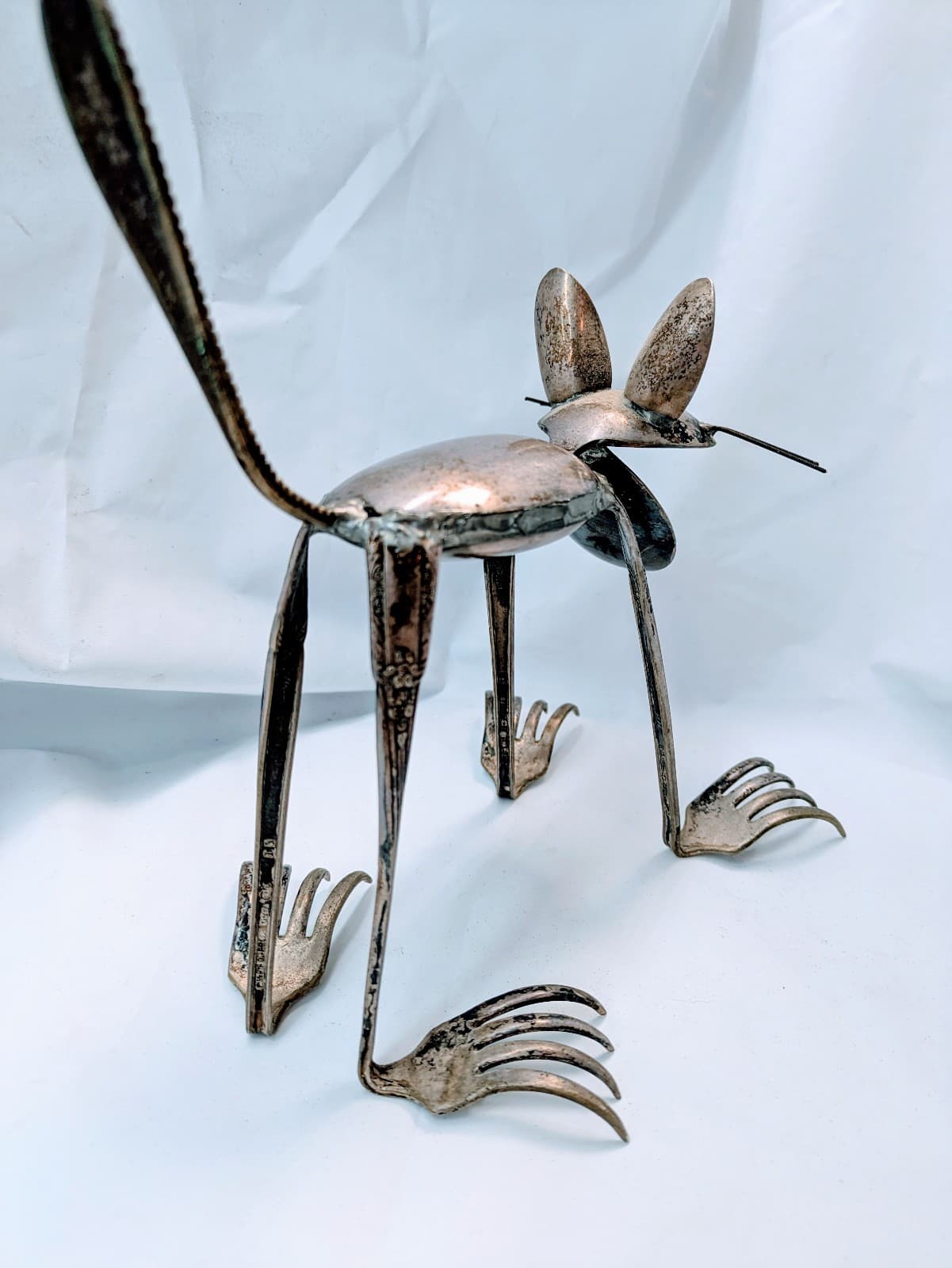 Folk Art Metal Cat Figurine Made with Silverware - Thumbnail 3