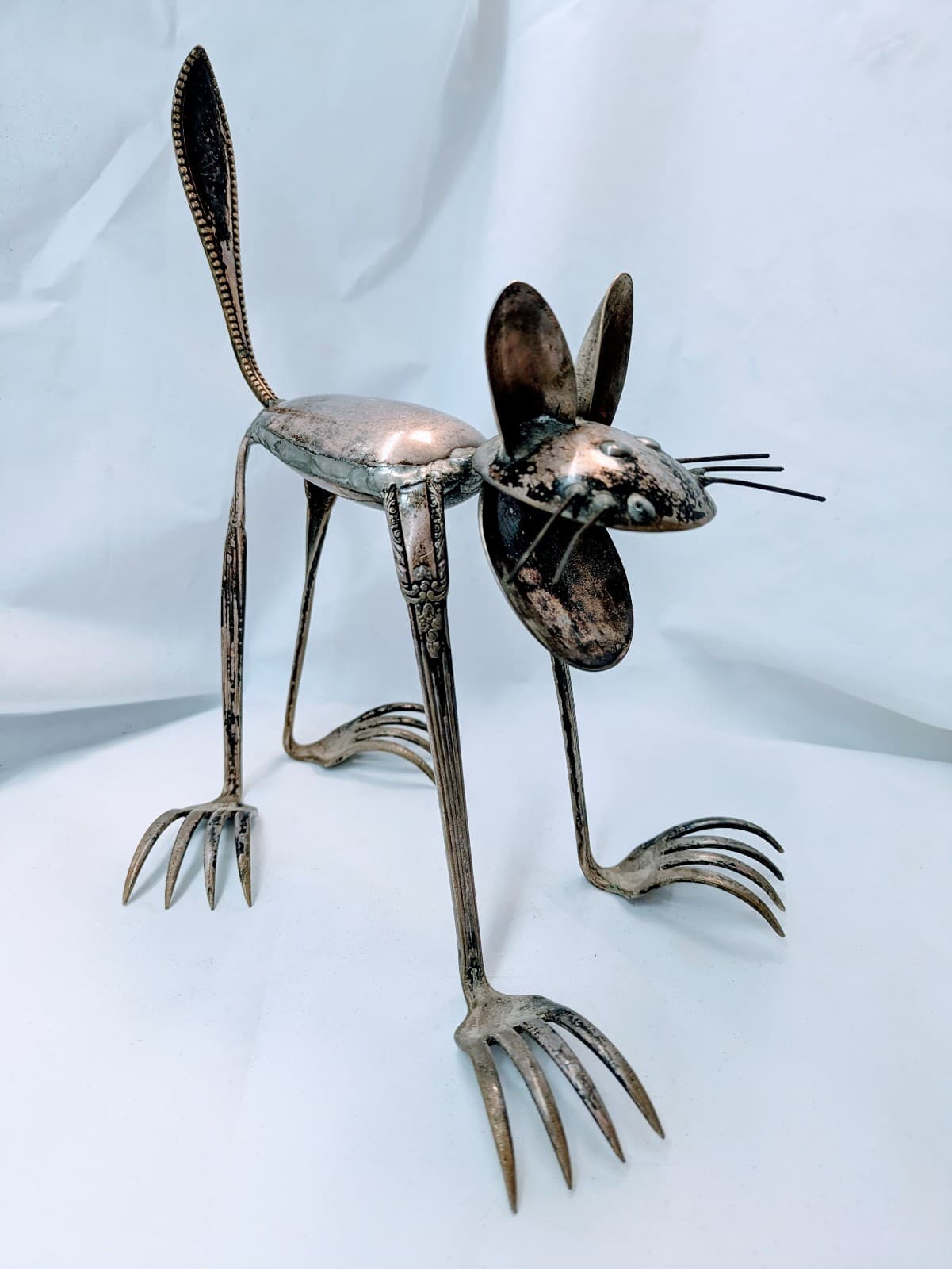 Folk Art Metal Cat Figurine Made with Silverware - Thumbnail 2