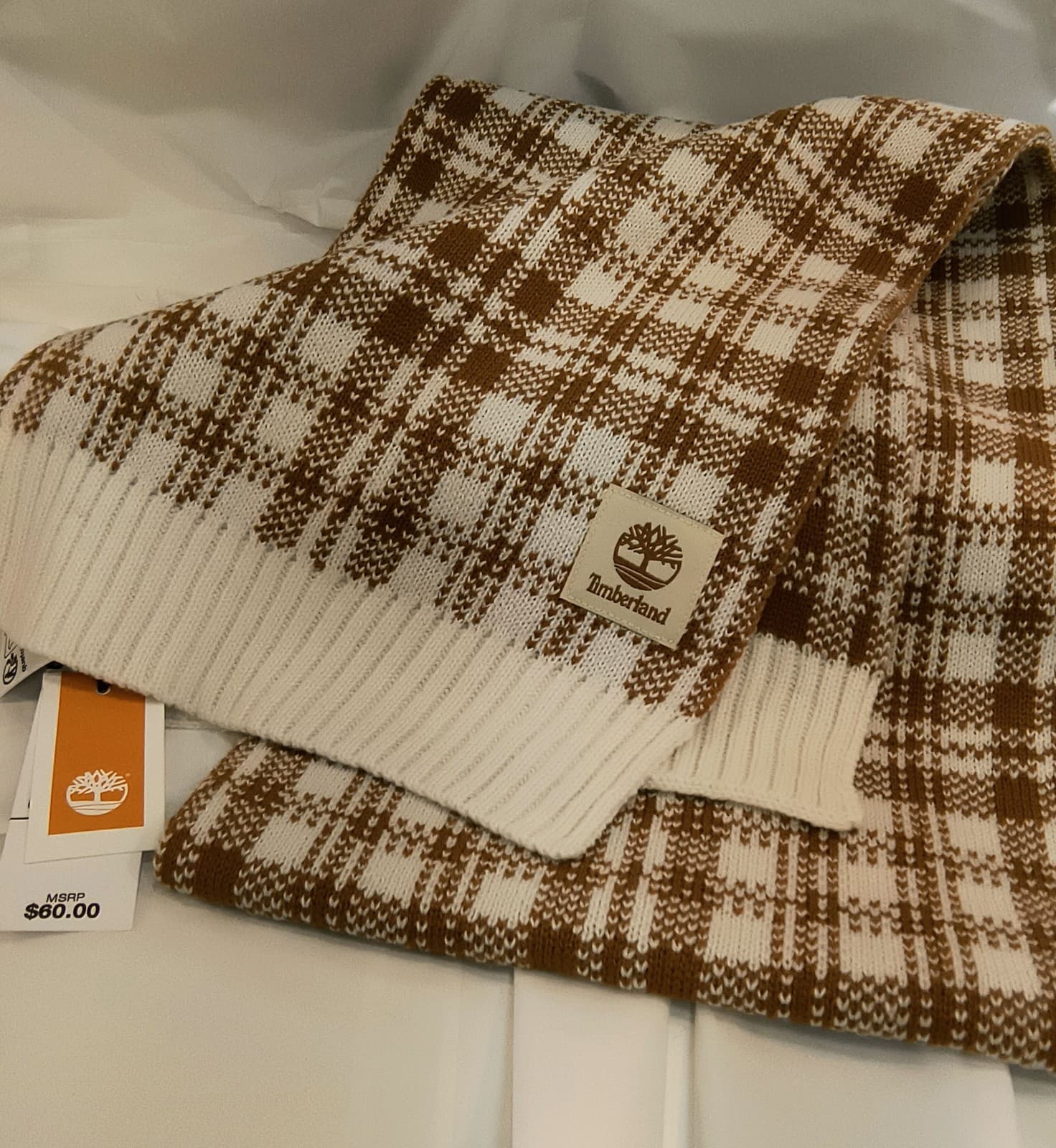TIMBERLAND New (NWT) Light Brown & White /Cream Plaid Unisex Scarf - Thumbnail 2