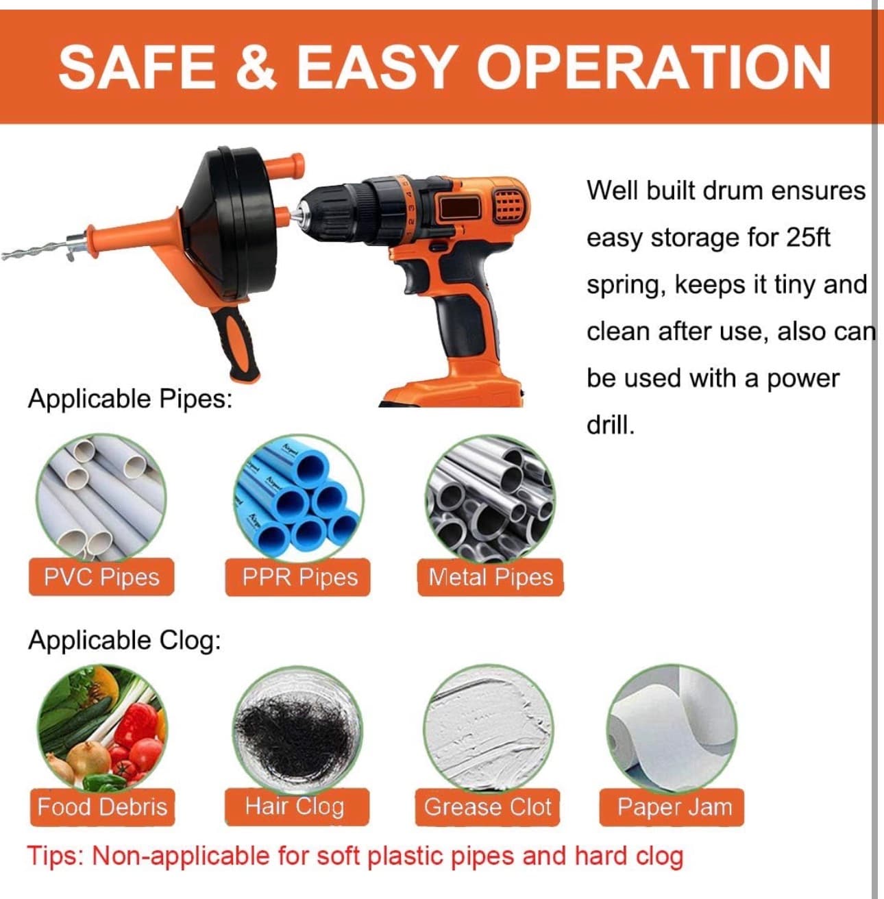 Drain Auger with Drill Attachment for 1/2" to 3" Pipes - Thumbnail 7