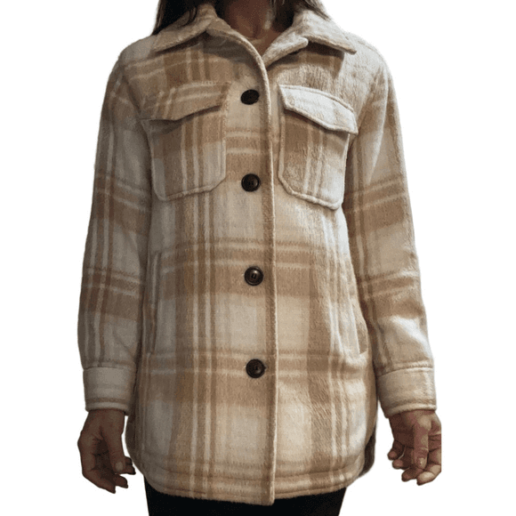 Sebby Shacket Shirt Jacket White Beige Plaid Button Up Long Sleeve Coat - Thumbnail 7