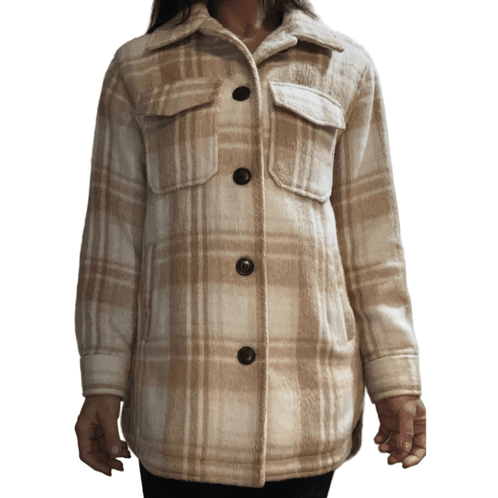 Sebby Shacket Shirt Jacket White Beige Plaid Button Up Long Sleeve Coat - Thumbnail 6