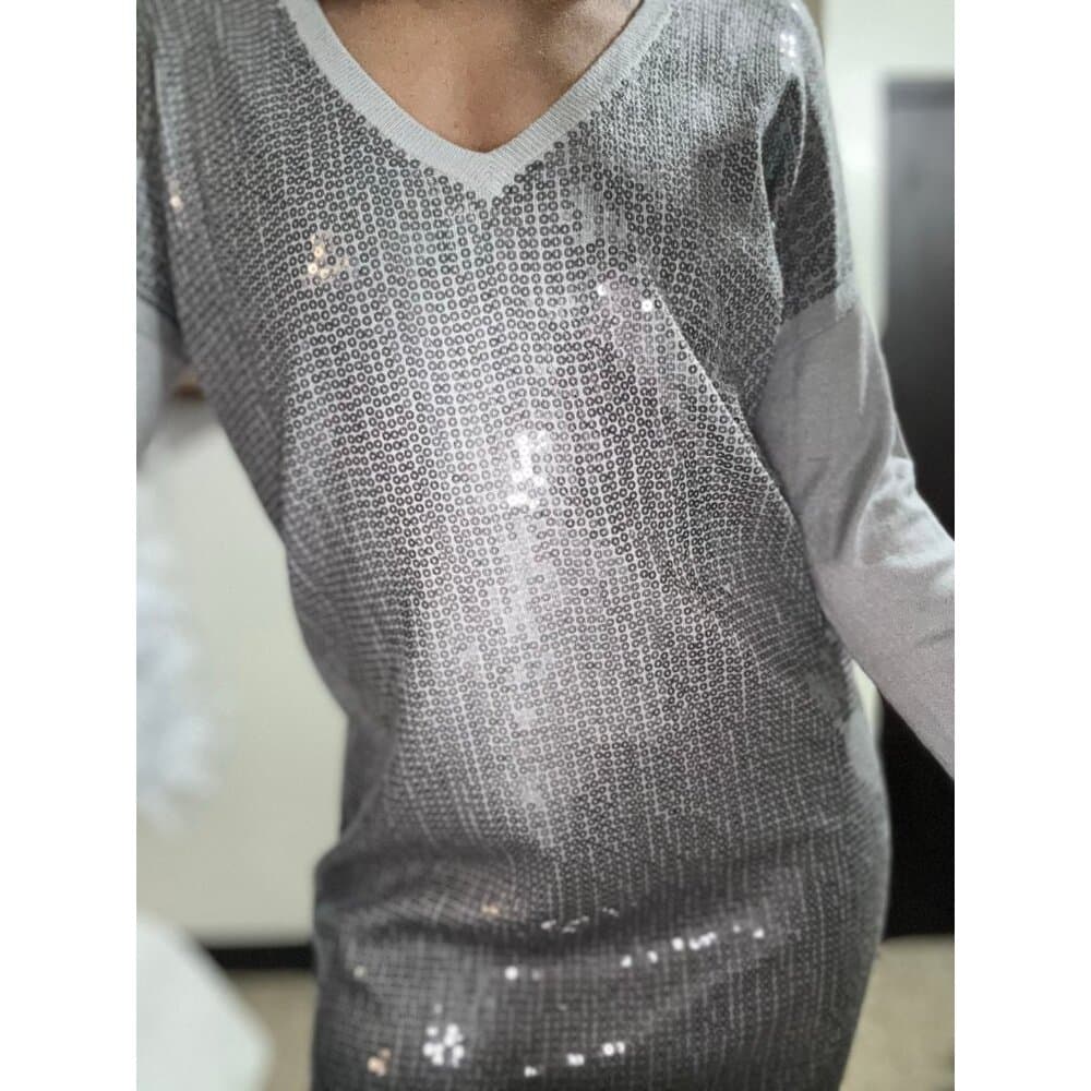 NWT Michael Kors gray sequined summer rayon knit mini long sleeves mini dres - Thumbnail 2