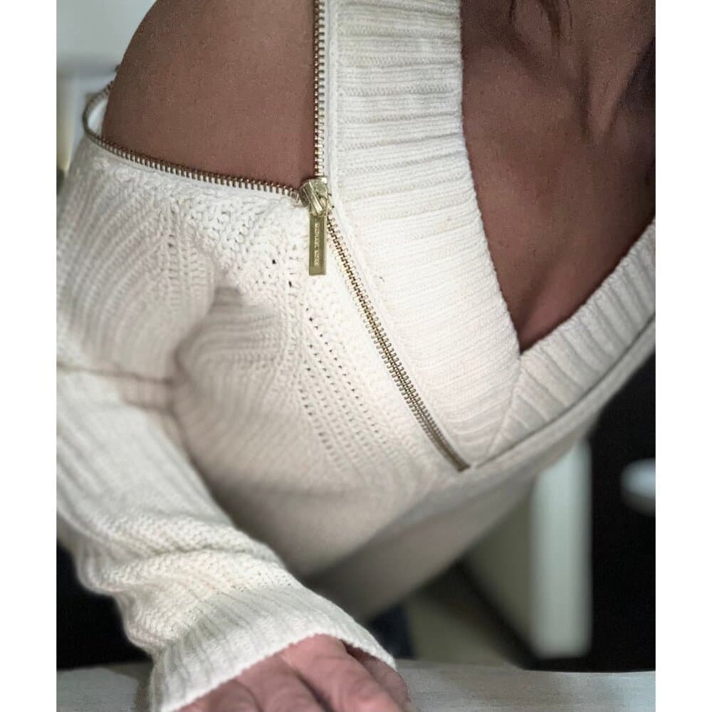 MICHAEL KORS Sweater Women's Size S white Zip Accent Cold Shoulder Knit Top - Thumbnail 3