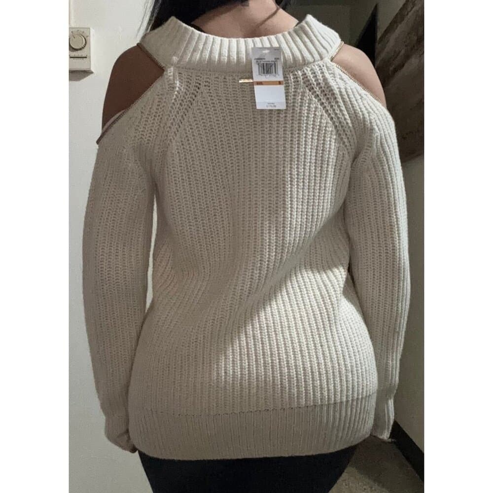 MICHAEL KORS Sweater Women's Size S white Zip Accent Cold Shoulder Knit Top - Thumbnail 2