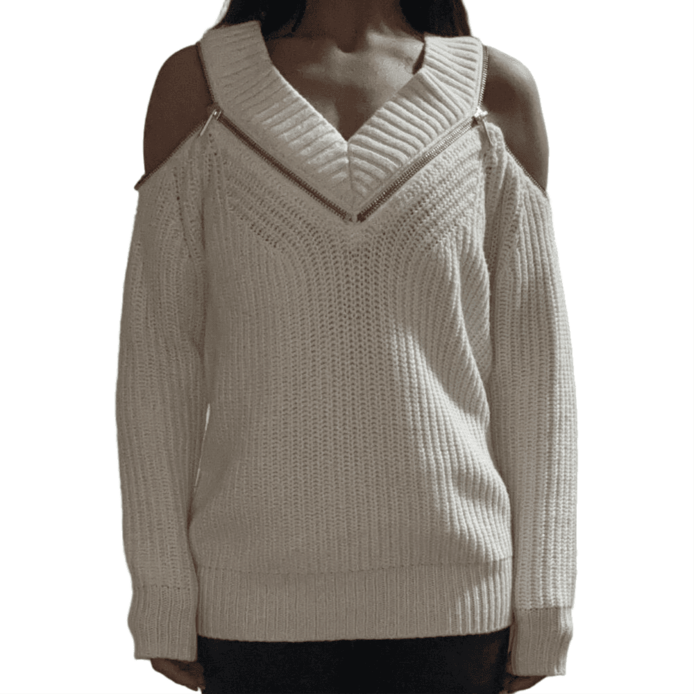 MICHAEL KORS Sweater Women's Size S white Zip Accent Cold Shoulder Knit Top - Thumbnail 5