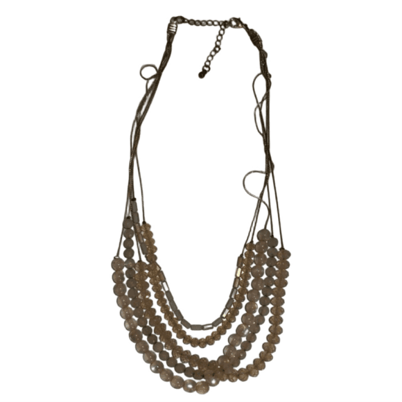5 Strand Rose Quartz Beaded Gold Tone Necklace - Thumbnail 2