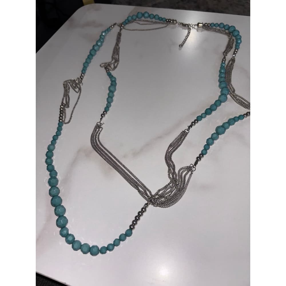 Necklace Vintage American Multi-Strand Silver Tone Chain & Beads