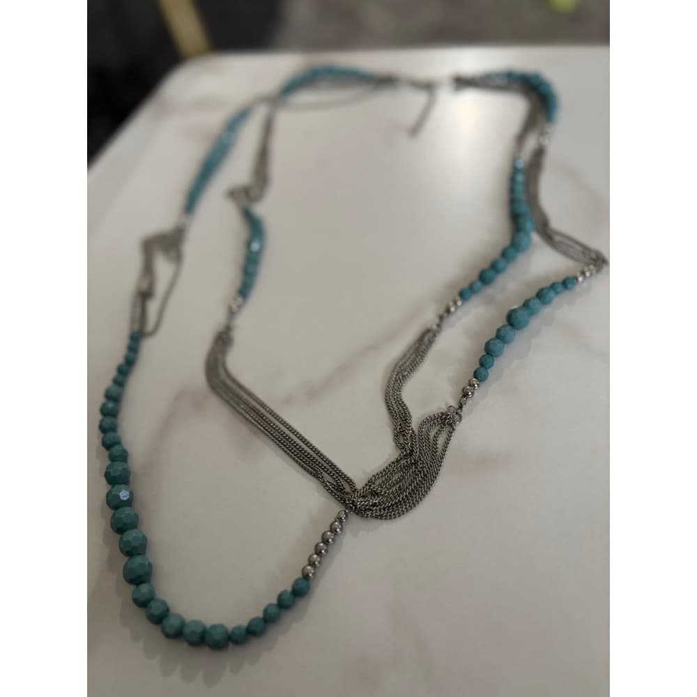 Necklace Vintage American Multi-Strand Silver Tone Chain & Beads - Thumbnail 2