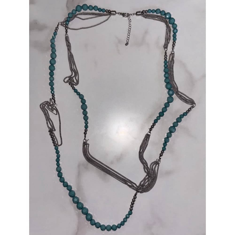 Necklace Vintage American Multi-Strand Silver Tone Chain & Beads - Thumbnail 4