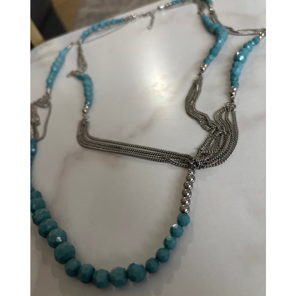 Necklace Vintage American Multi-Strand Silver Tone Chain & Beads - Thumbnail 3