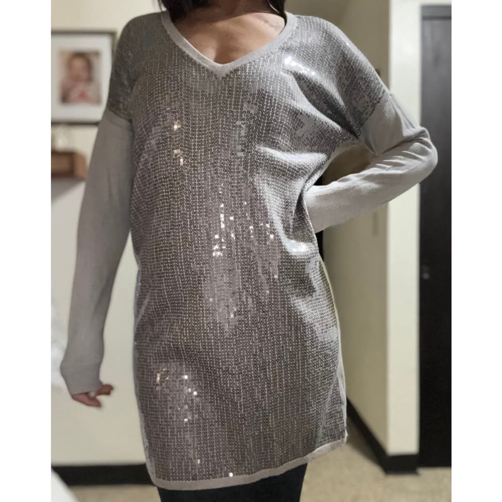 NWT Michael Kors gray sequined summer rayon knit mini long sleeves mini dres