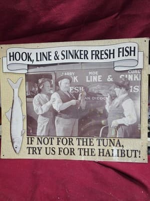 Vintage THE THREE STOOGES Hook, Line & Sinker Lightweight Metal Advertising Sign