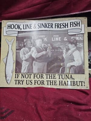 Vintage THE THREE STOOGES Hook, Line & Sinker Lightweight Metal Advertising Sign - Thumbnail 2