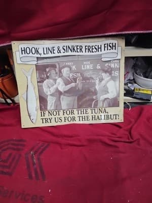 Vintage THE THREE STOOGES Hook, Line & Sinker Lightweight Metal Advertising Sign - Thumbnail 7