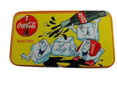 Coca-Cola metal tin box yellow ice cube party graphic