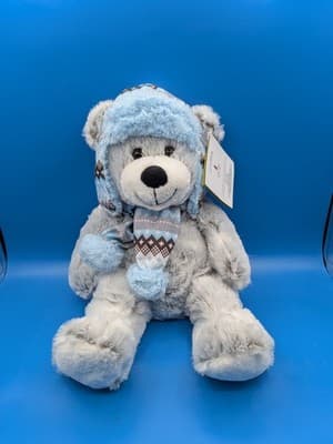 Hugfun International Winter Bear Plush Stuffed Gray Blue 17” Scarf Hat, St. Jude