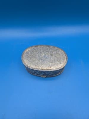 VTG ORNATE SILVERTONE OVAL FOOTED NOUVEAU LEAF HINGED TRINKET JEWELRY BOX - Thumbnail 7
