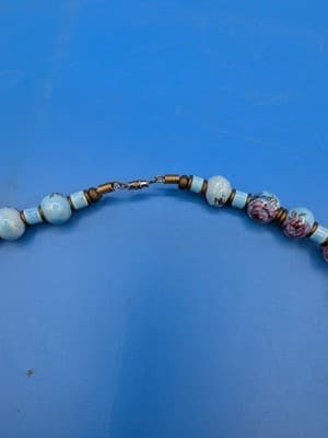 Vintage Necklace Hand Painted Sky Blue Pinkish Flower Beads Beautiful See Photos - Thumbnail 3