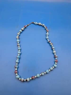 Vintage Necklace Hand Painted Sky Blue Pinkish Flower Beads Beautiful See Photos - Thumbnail 6