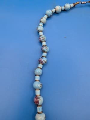 Vintage Necklace Hand Painted Sky Blue Pinkish Flower Beads Beautiful See Photos - Thumbnail 5