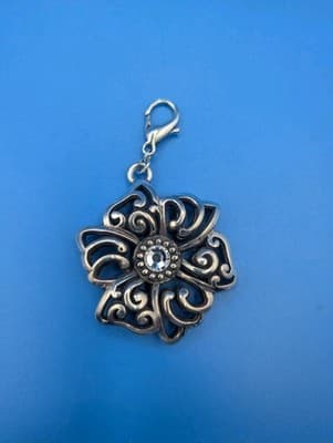 BRIGHTON SILVER PLATED FINISH CRYSTAL FLOWER SCROLL DESIGN BAG CHARM Double Side